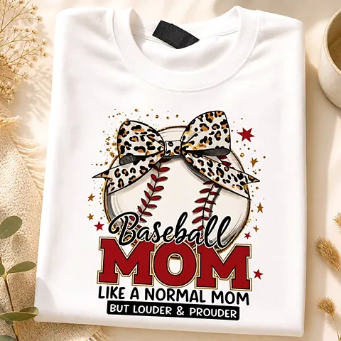 White t-shirt printed with a Baseball Mom, like a normal mom but louder and prouder design with a leopard-print bow