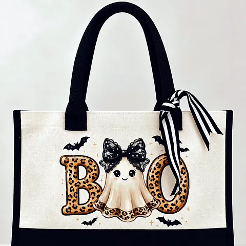 Cream and black tote bag printed with BOO in leopard-print letters and a ghost wearing a black bow