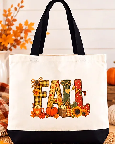Canvas tote bag with black handles printed with a patchwork FALL design with pumpkins and sunflowers