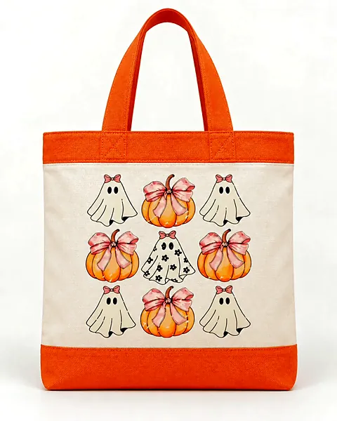 Cream tote bag with orange handles and trim printed with rows of cute ghosts and pumpkins tied with pink bows