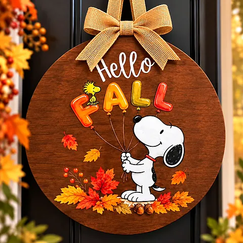 Round wood-look door hanger with a burlap bow that reads Hello Fall, with Snoopy holding balloon letters and autumn leaves
