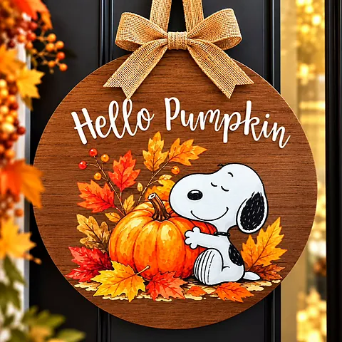 Round wood-look Hello Pumpkin door hanger with a burlap bow, featuring Snoopy hugging a pumpkin among autumn leaves