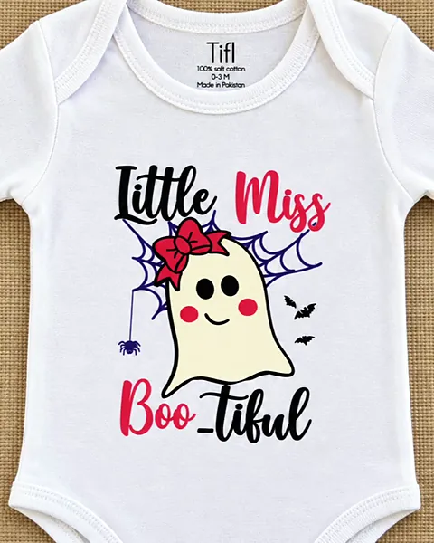 White baby onesie printed with Little Miss Boo-tiful and a ghost wearing a red bow