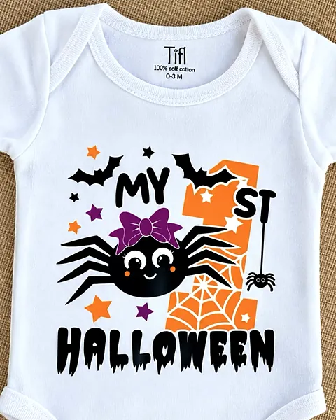 White baby onesie printed with a My 1st Halloween design featuring a smiling spider with a purple bow