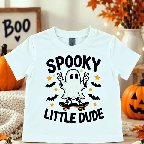 White kids t-shirt printed with Spooky Little Dude and a skateboarding ghost, surrounded by pumpkins