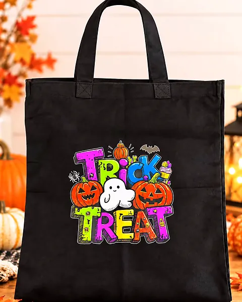 Black tote bag printed with a colorful Trick or Treat design with jack-o-lanterns and a little ghost